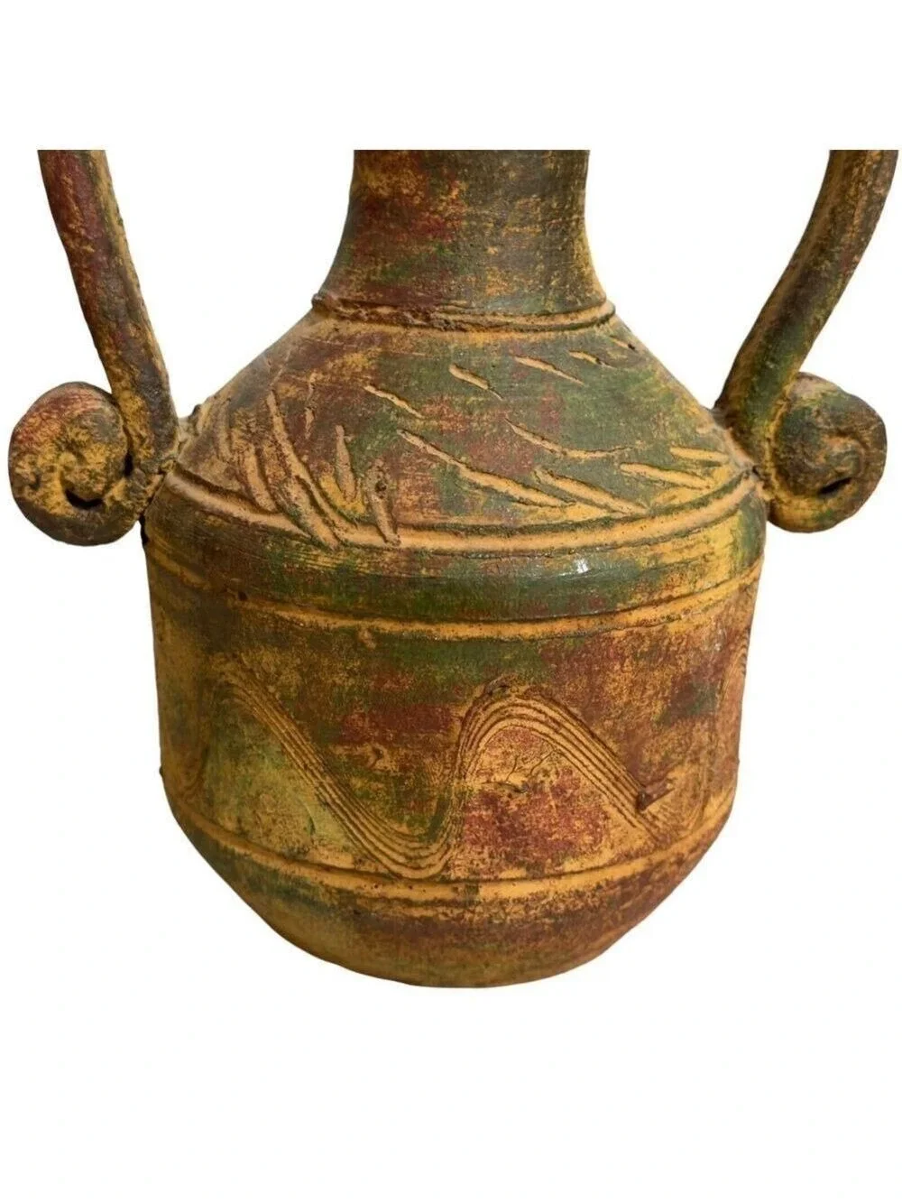 Vintage Rustic Handmade Mexican Clay 2 Handle Pottery Vase Artisan Earth Tones
